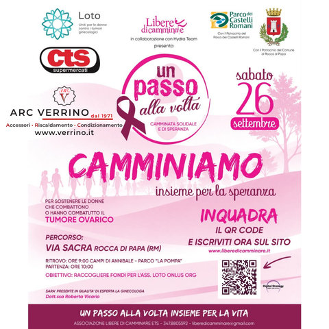 Camminata solidale a Rocca di Papa 2026 per il tumore ovarico: ARC Verrino al fianco di “Un passo alla volta”
