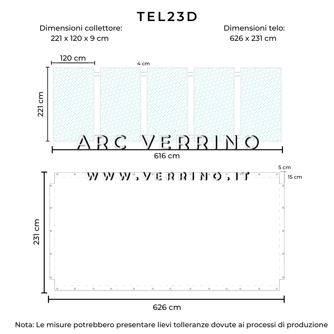 
                  
                    Disegno tecnico Telo di copertura in PVC - 626 x 231 cm - per 5 collettori solari (pannelli solari termici) | TEL 23 D - ARC VERRINO ROMA E GROTTAFERRATA
                  
                