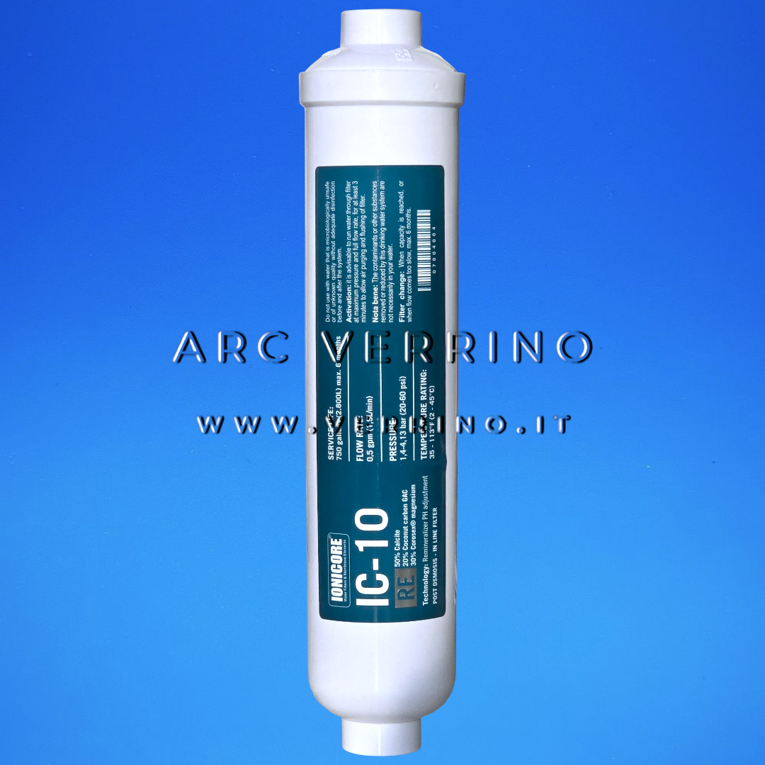 Filtro in linea Ionicore IC-10-RE - Remineralizzatore per acqua potabile | GAC - 1/4'' FPT - ARC VERRINO