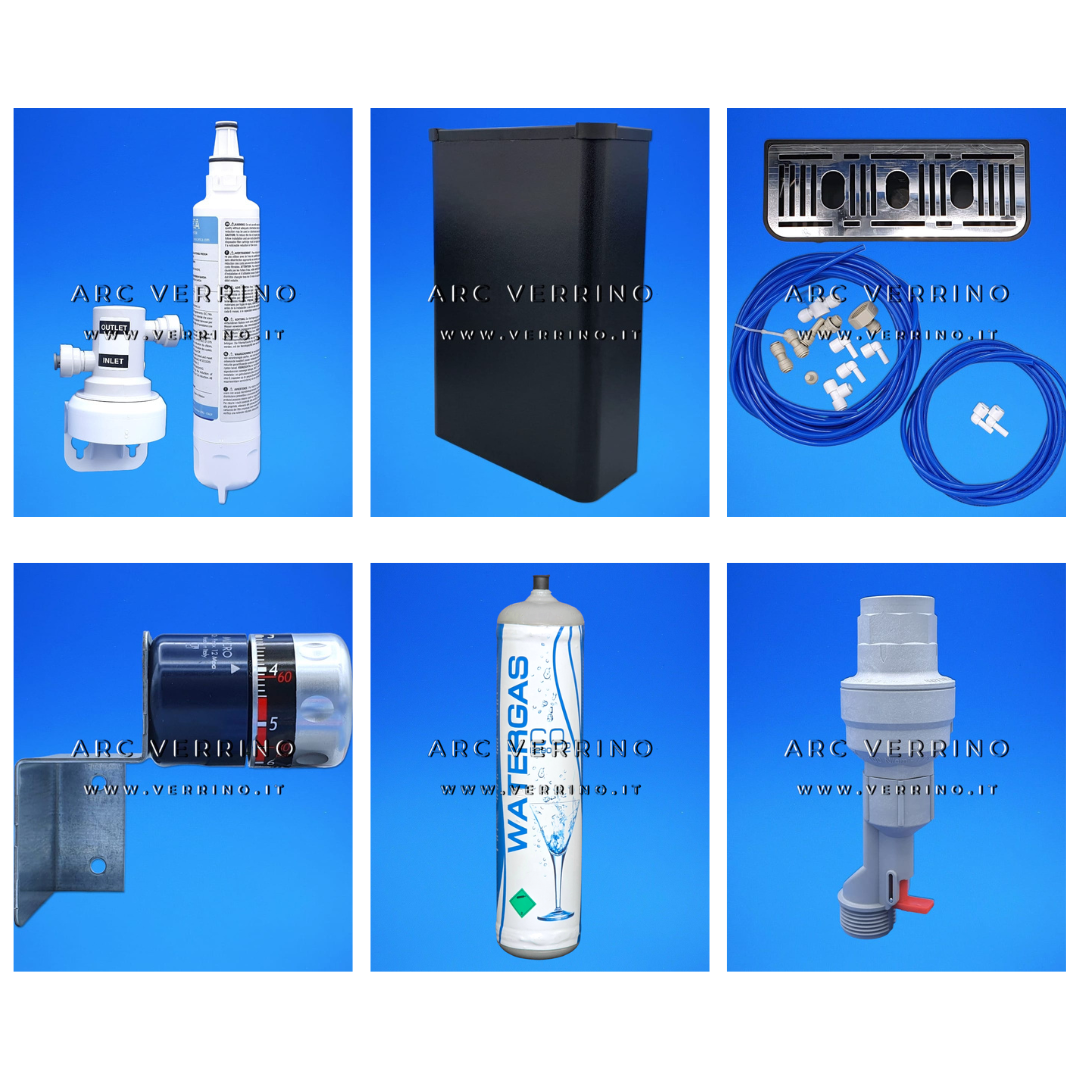
                  
                    Kit accessori per refrigeratore gasatore sopra banco per trattamento acqua potabile e filtrata 36 Litri/h - 3 Vie | SL01U - con accessori - ARC VERRINO ROMA E GROTTAFERRATA per acqua depurata
                  
                