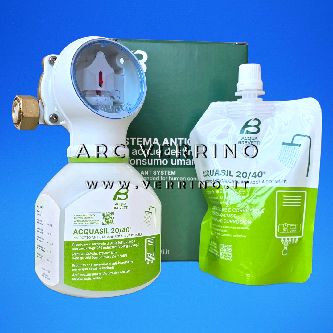 Pompa dosatrice Acqua Brevetti MINIDOS OTTONE PM120 econ ricarica da 250 gr. | per il dosaggio di ACQUASIL 20/40 - ARC VERRINO ROMA E GROTTAFERRATA