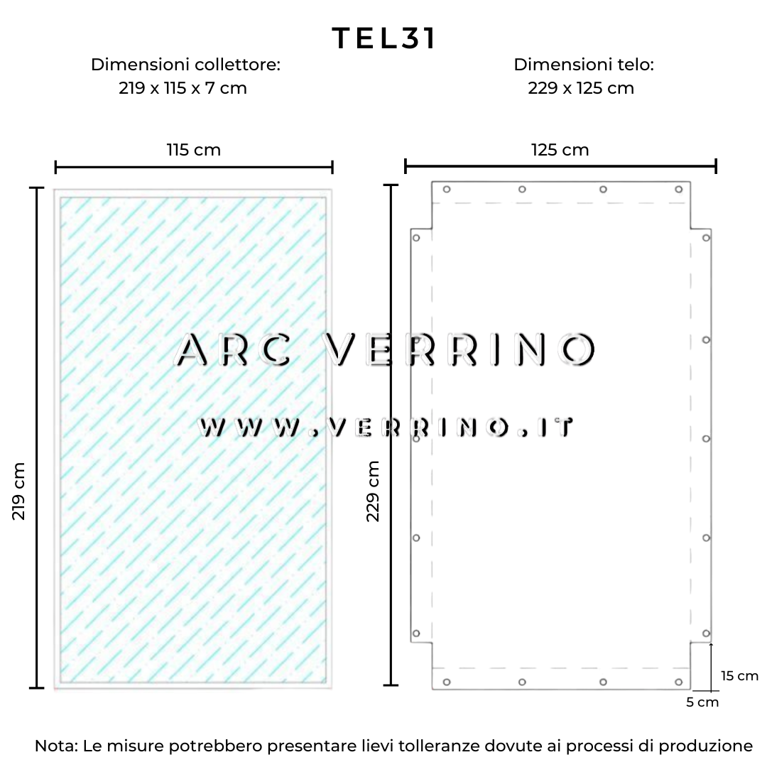 Progettazione Telo su misura di copertura in PVC - 229 x 125 cm - disegno per collettori solari BAXI (pannelli solari termici) | TEL 31 - ARC VERRINO ROMA E GROTTAFERRATA